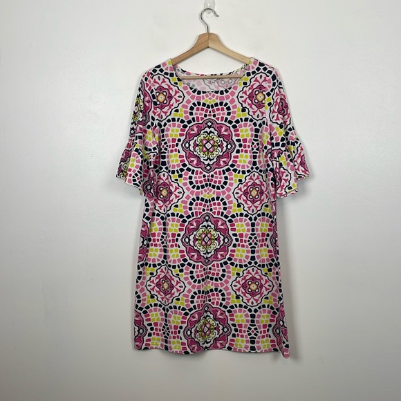 Crown & Ivy Womens M Art Wear Short Ruffle Sleeve Pullover Multicolor Dress - Picture 1 of 8